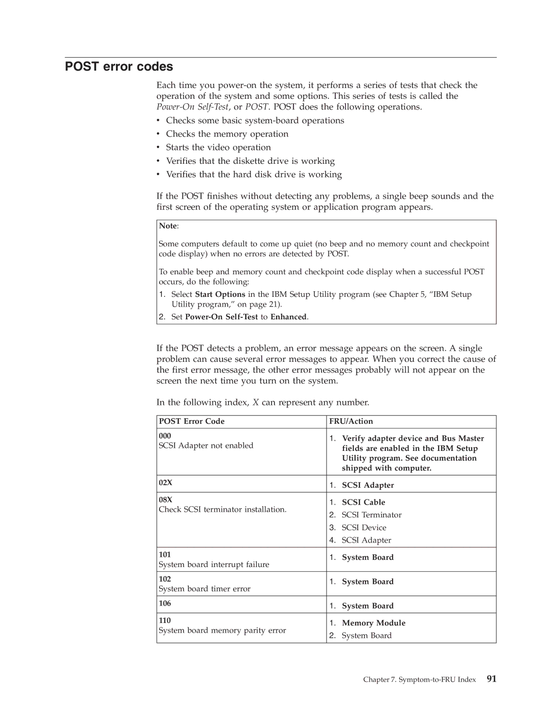 IBM 8316, 8434, 8199, 8198, 8191, 2296 manual Post error codes, Set Power-On Self-Test to Enhanced 