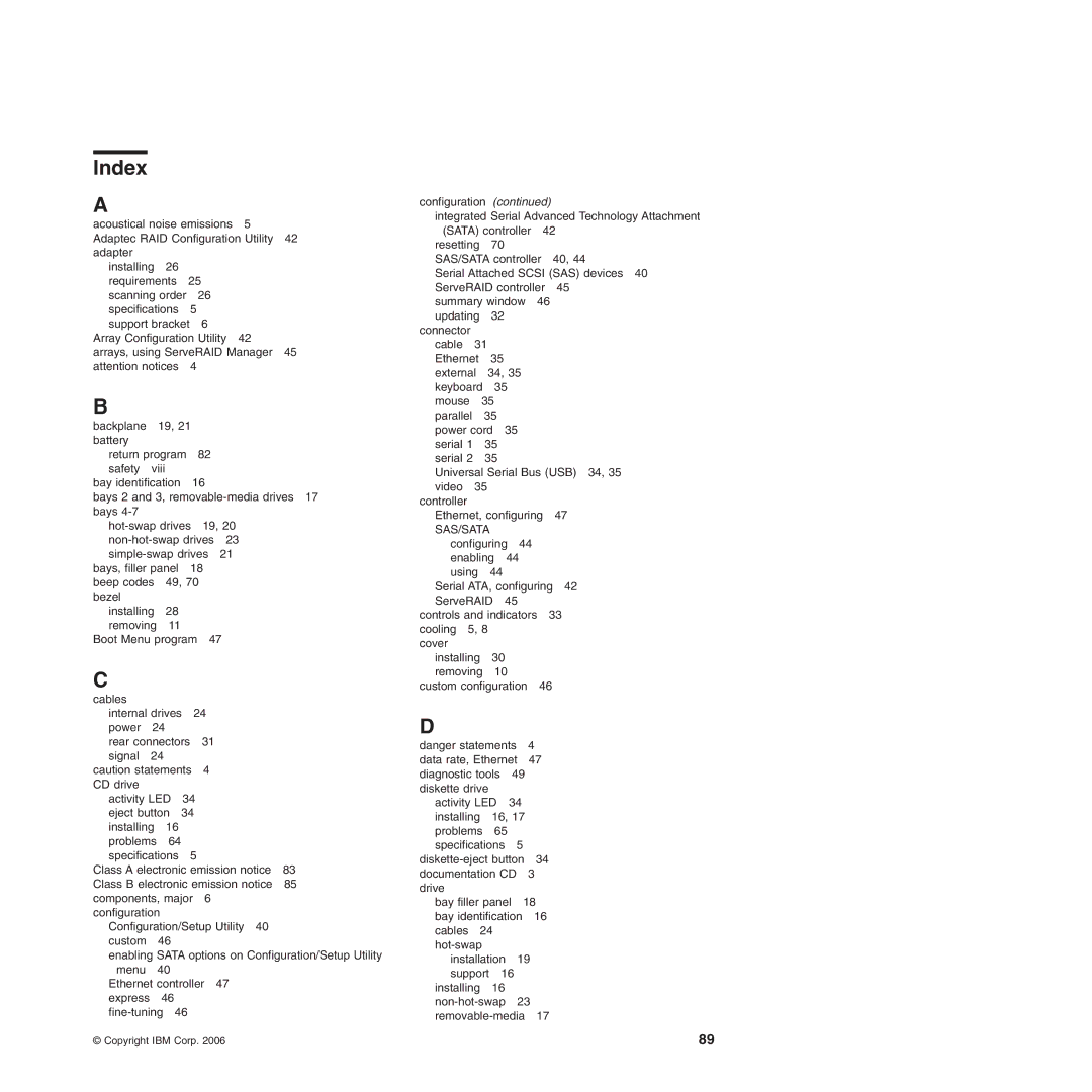 IBM 8490, 8485 manual Index, Sas/Sata 