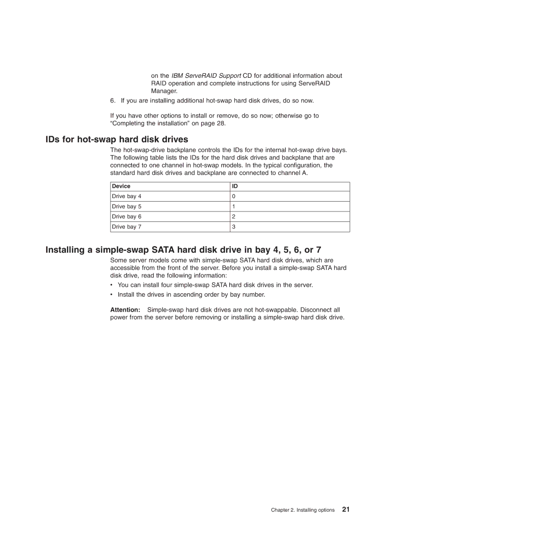 IBM 8490, 8485 manual IDs for hot-swap hard disk drives 