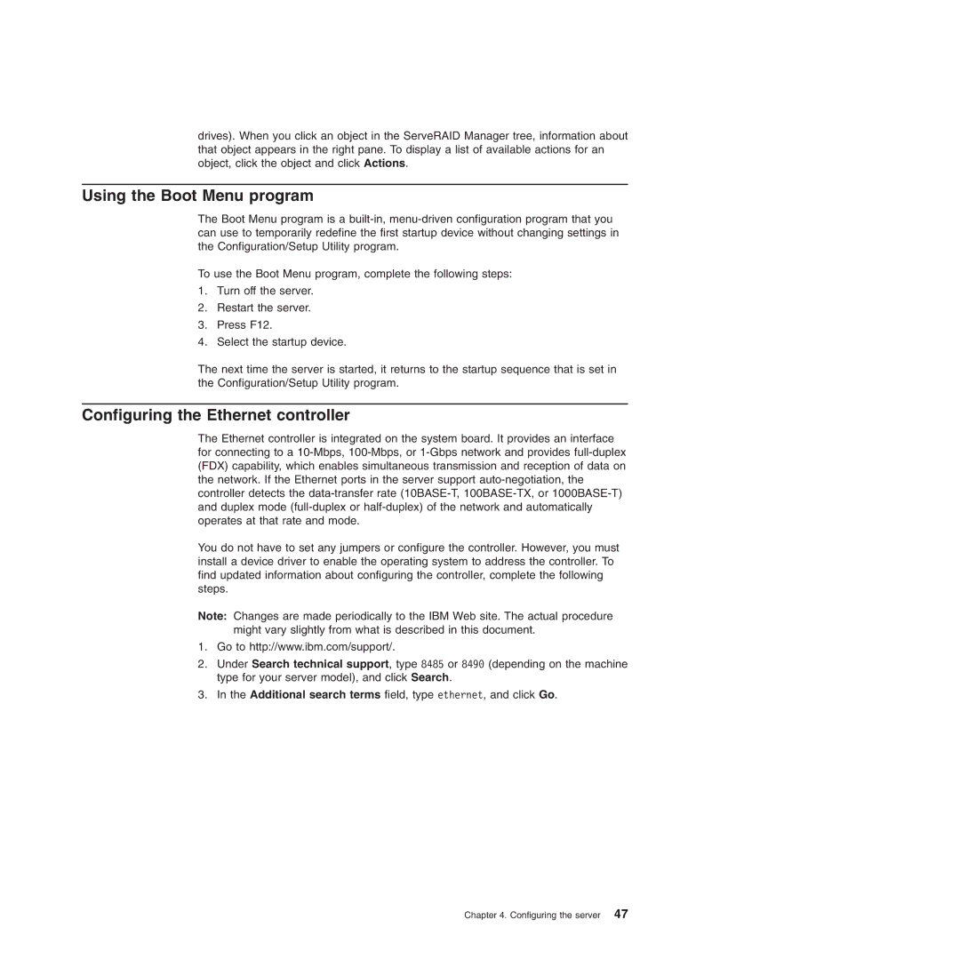 IBM 8490, 8485 manual Using the Boot Menu program, Configuring the Ethernet controller 