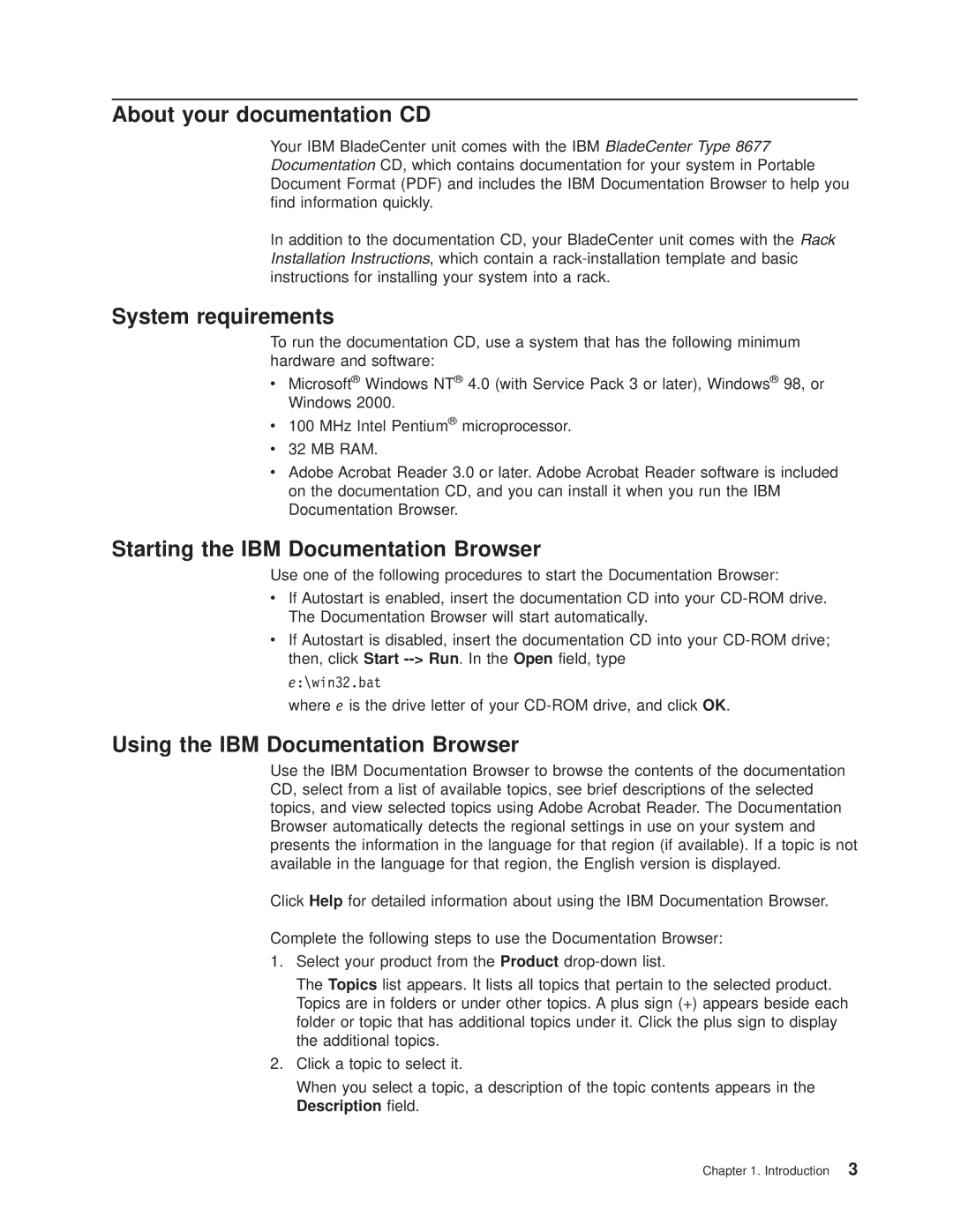 IBM 8677 manual About your documentation CD, System requirements, Starting the IBM Documentation Browser 