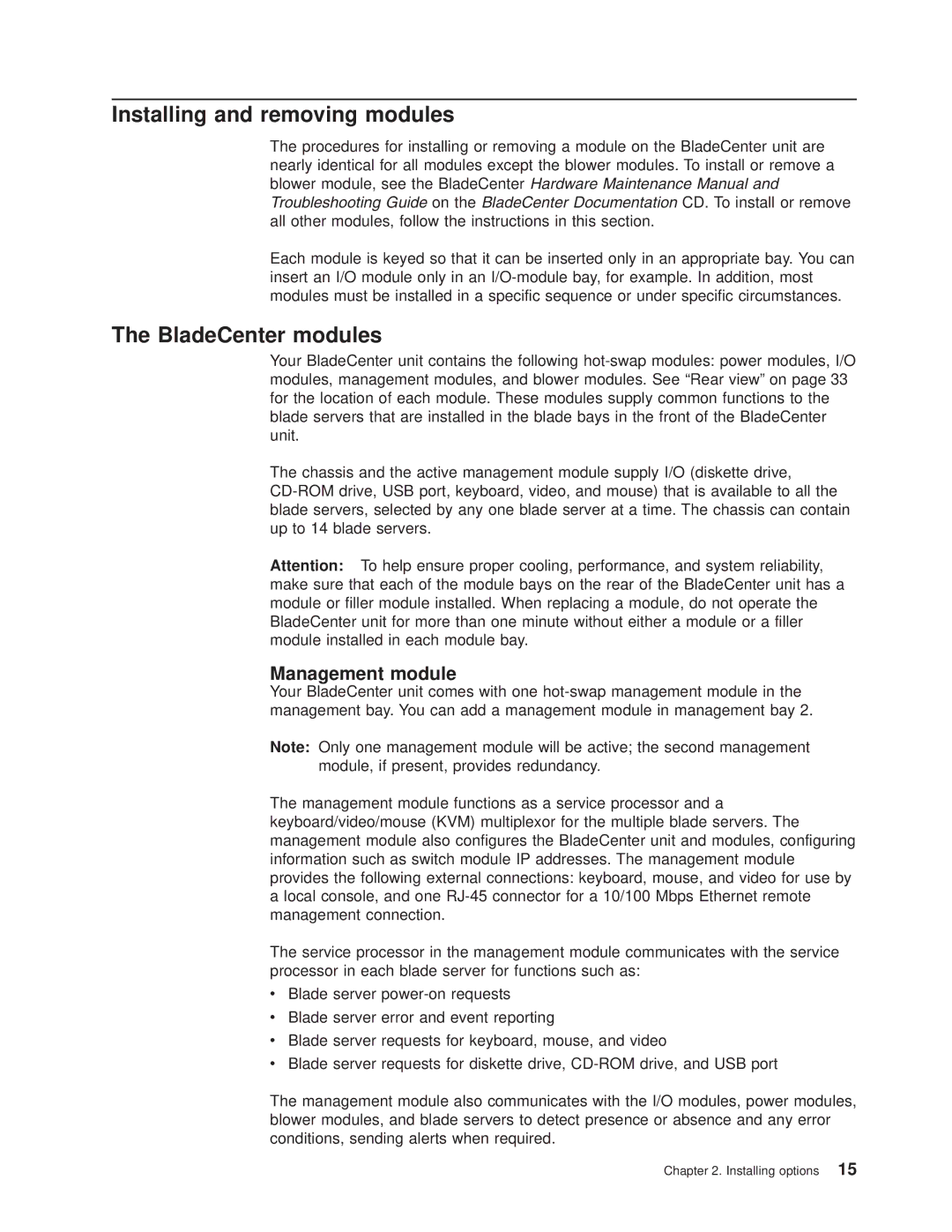 IBM 8677 manual Installing and removing modules, BladeCenter modules 