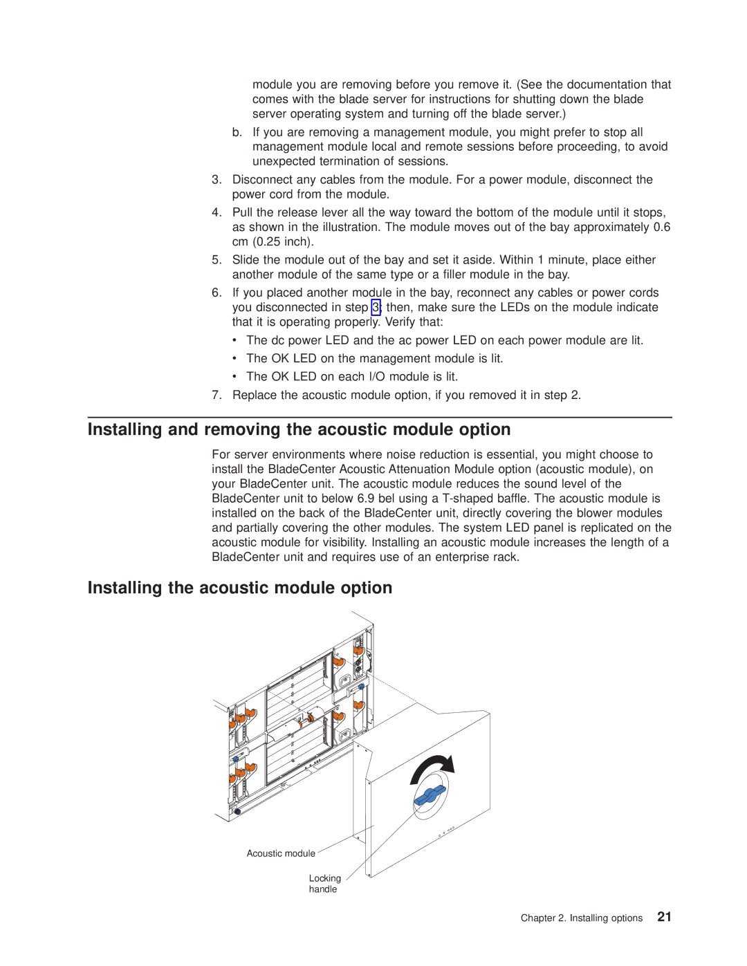 IBM 8677 manual Installing and removing the acoustic module option, Installing the acoustic module option 