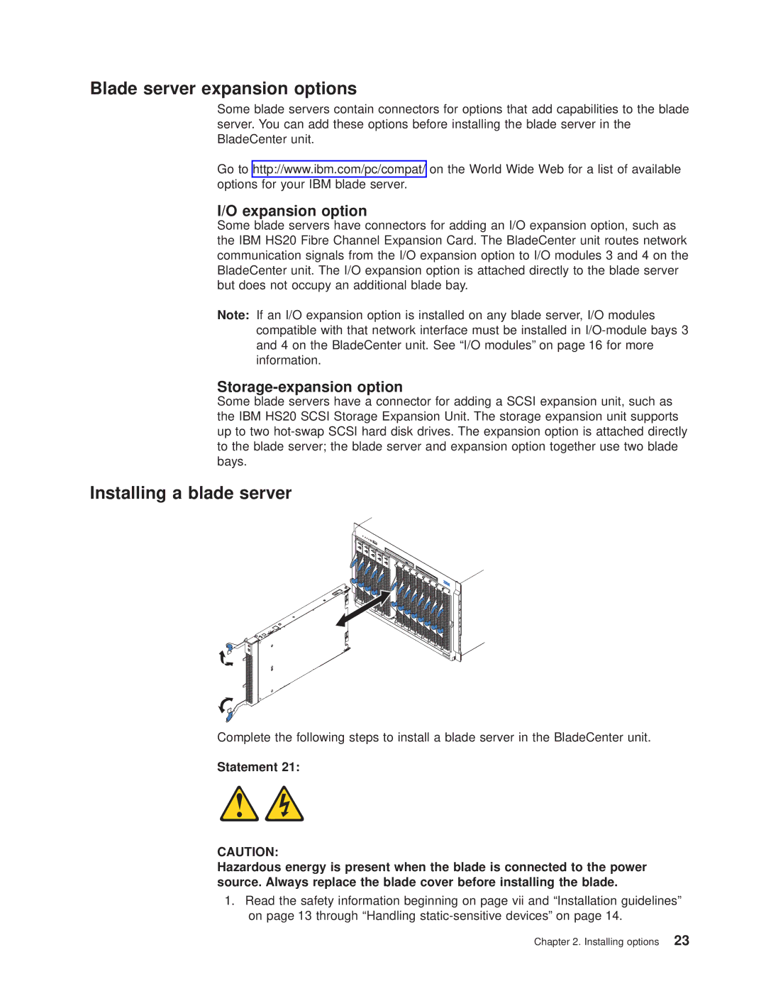 IBM 8677 manual Blade server expansion options, Installing a blade server 