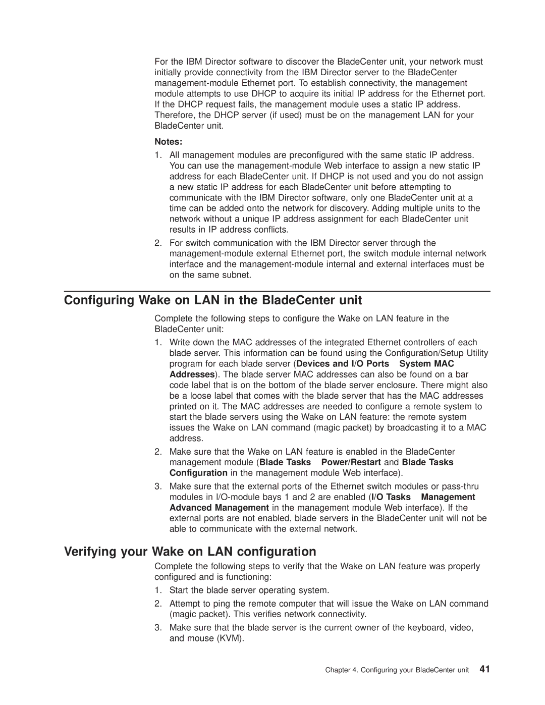 IBM 8677 manual Configuring Wake on LAN in the BladeCenter unit, Verifying your Wake on LAN configuration 