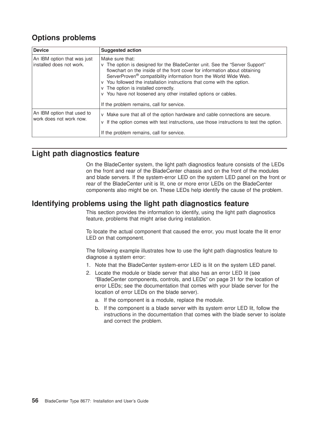 IBM 8677 manual Options problems, Light path diagnostics feature 