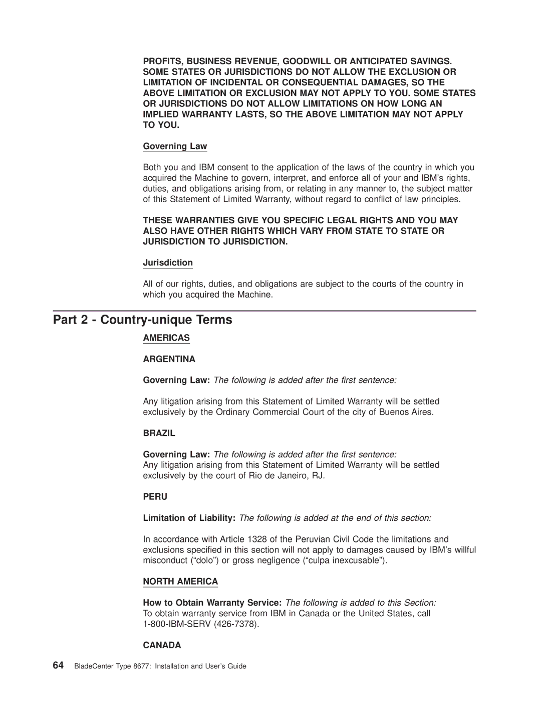 IBM 8677 manual Part 2 Country-unique Terms, Governing Law, Jurisdiction 