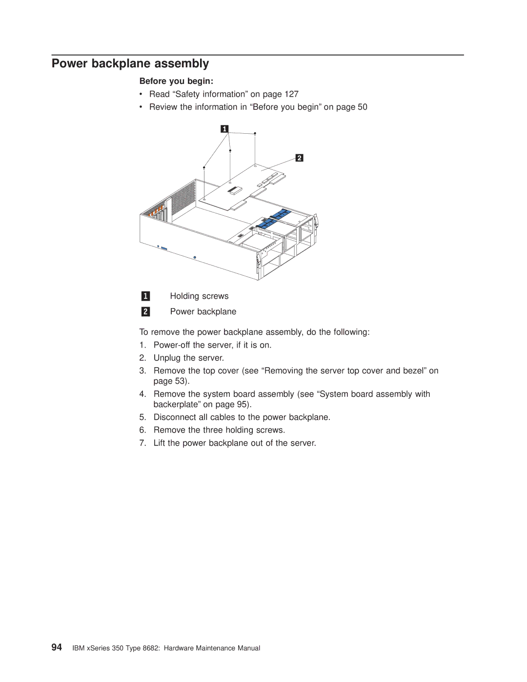 IBM 8682 manual Power backplane assembly 