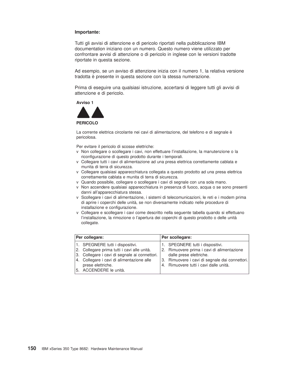 IBM 8682 manual Avviso, Pericolo, Per collegare Per scollegare 