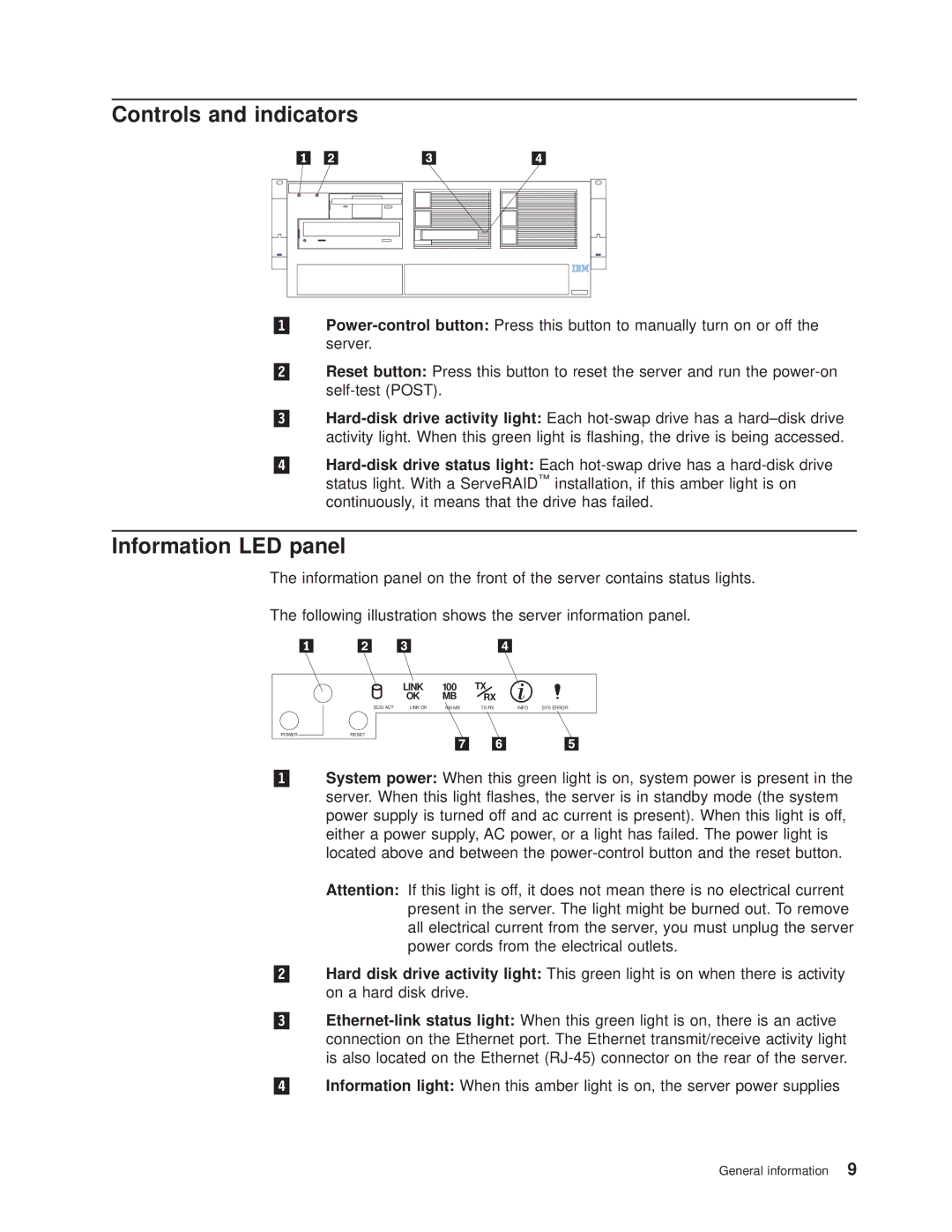 IBM 8682 manual Controls and indicators, Information LED panel 