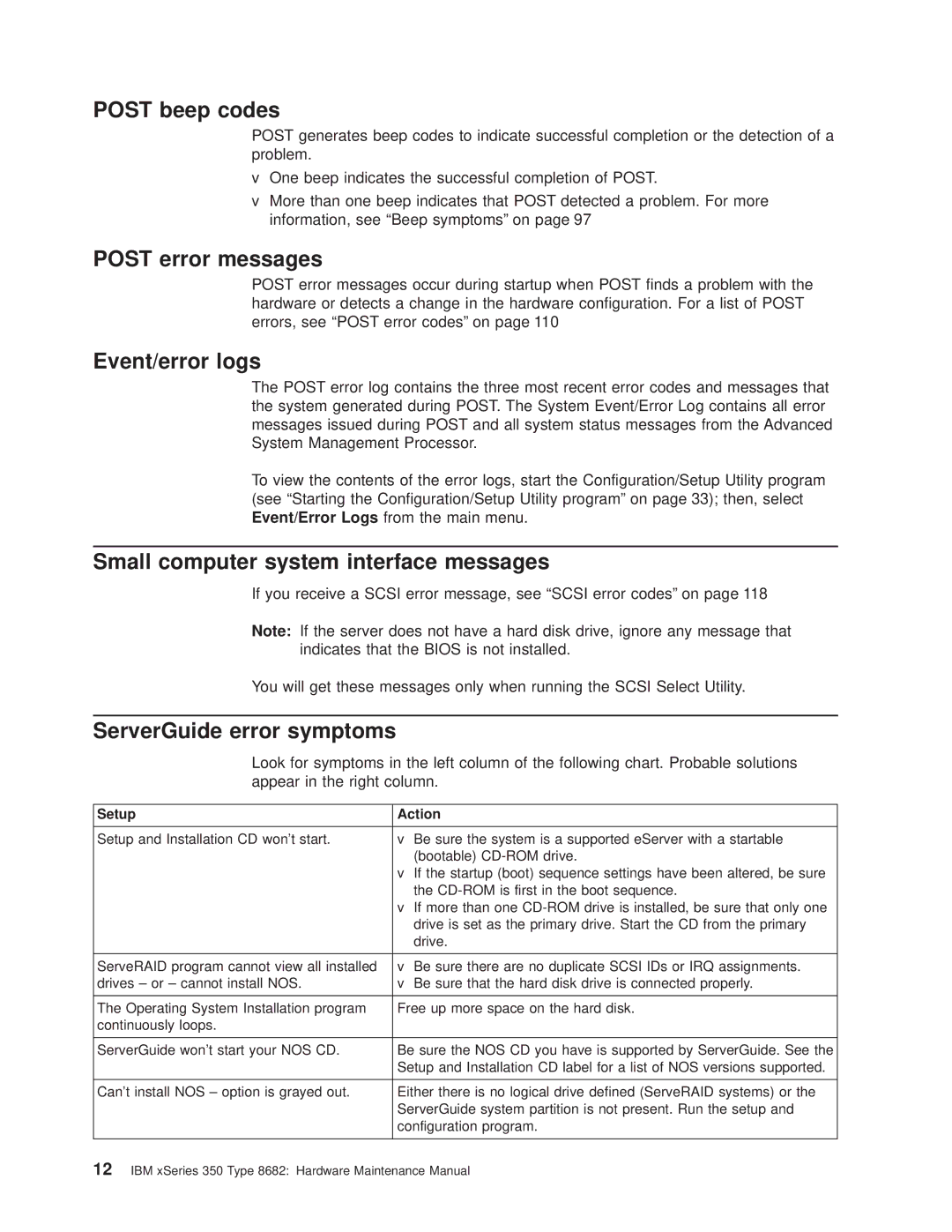 IBM 8682 manual Post beep codes, Post error messages, Event/error logs, Small computer system interface messages 