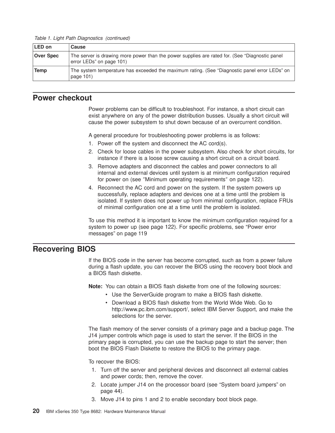 IBM 8682 manual Power checkout, Recovering Bios, LED on Cause Over Spec, Temp 