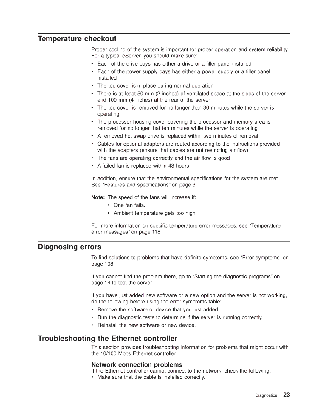 IBM 8682 Temperature checkout, Diagnosing errors, Troubleshooting the Ethernet controller, Network connection problems 