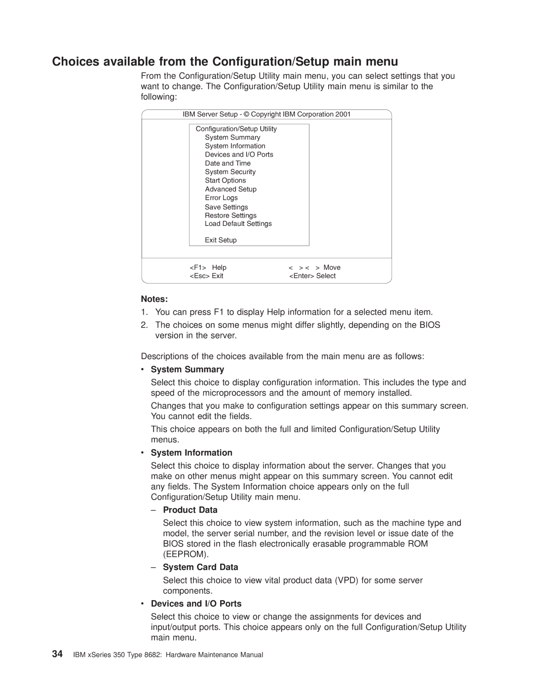 IBM 8682 manual Choices available from the Configuration/Setup main menu 