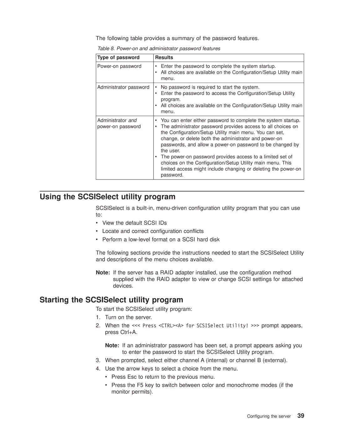 IBM 8682 manual Using the SCSISelect utility program, Starting the SCSISelect utility program, Type of password Results 