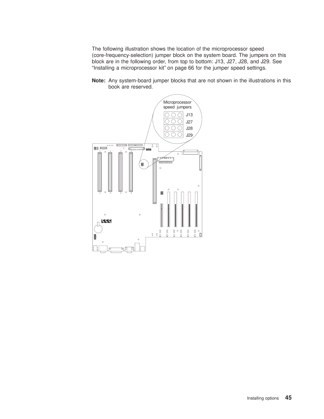 IBM 8682 manual J13 J27 J28 J29 Installing options 