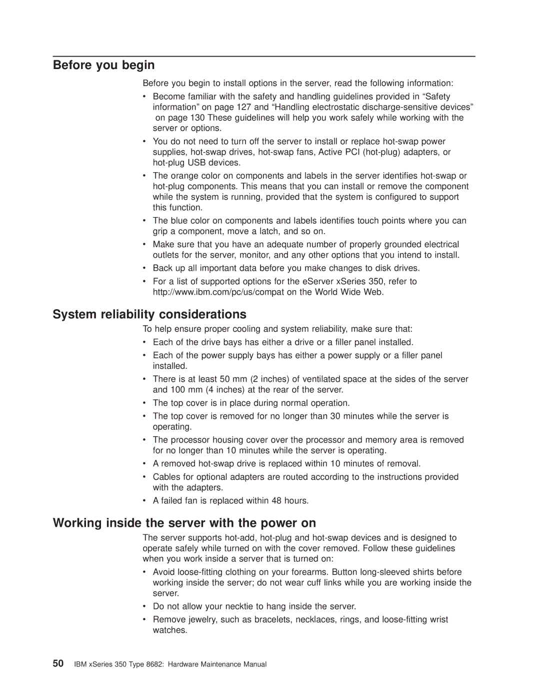 IBM 8682 manual Before you begin, System reliability considerations, Working inside the server with the power on 