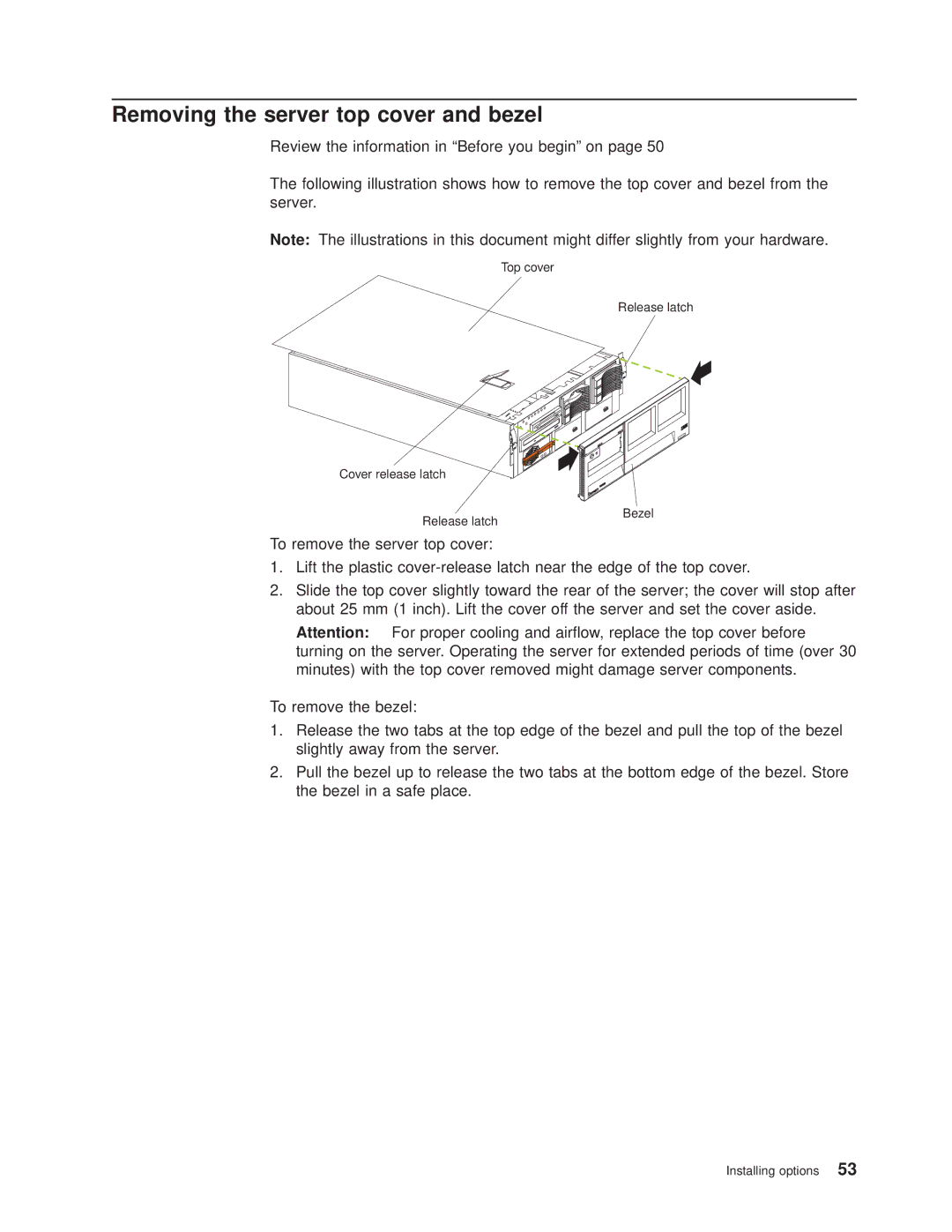 IBM 8682 manual Removing the server top cover and bezel 