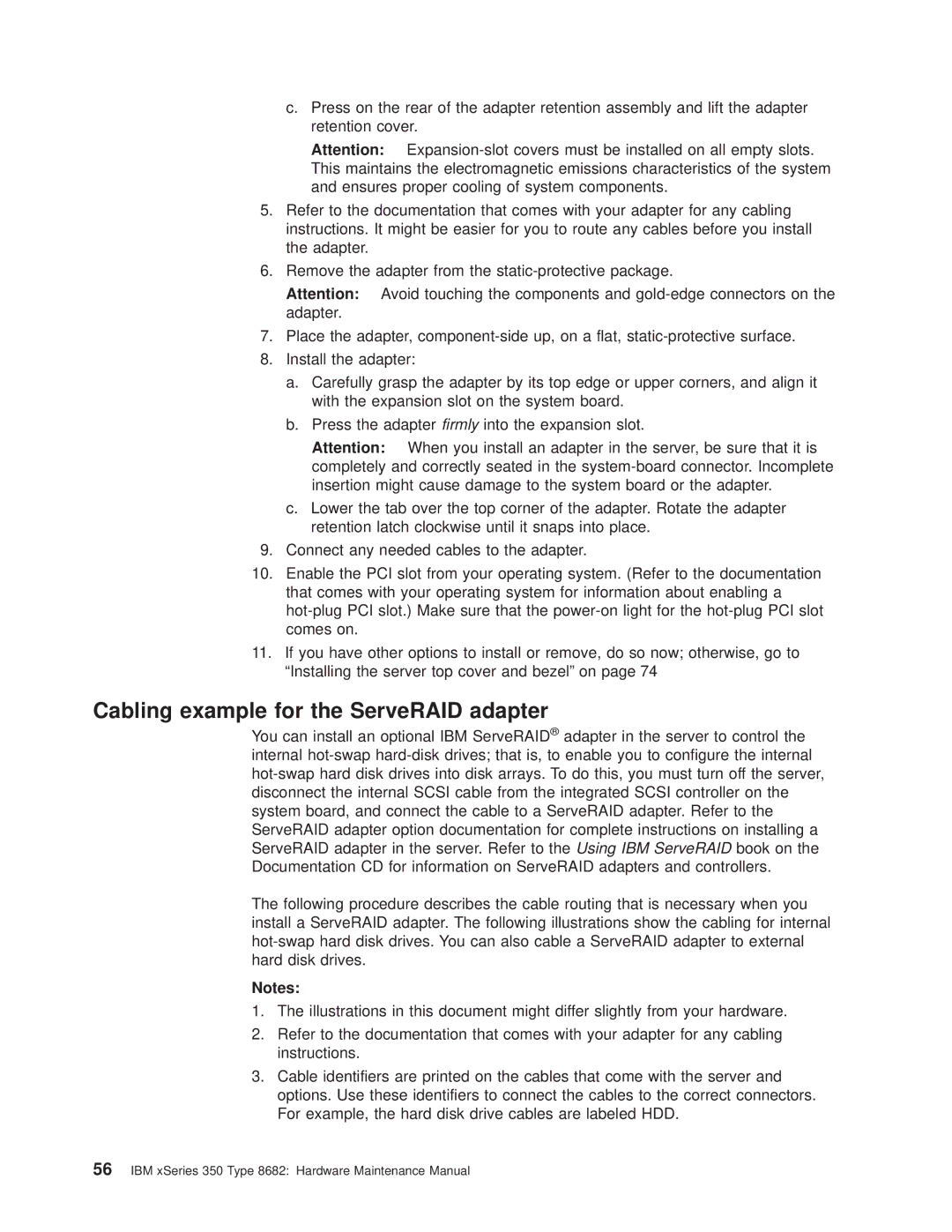 IBM 8682 manual Cabling example for the ServeRAID adapter 