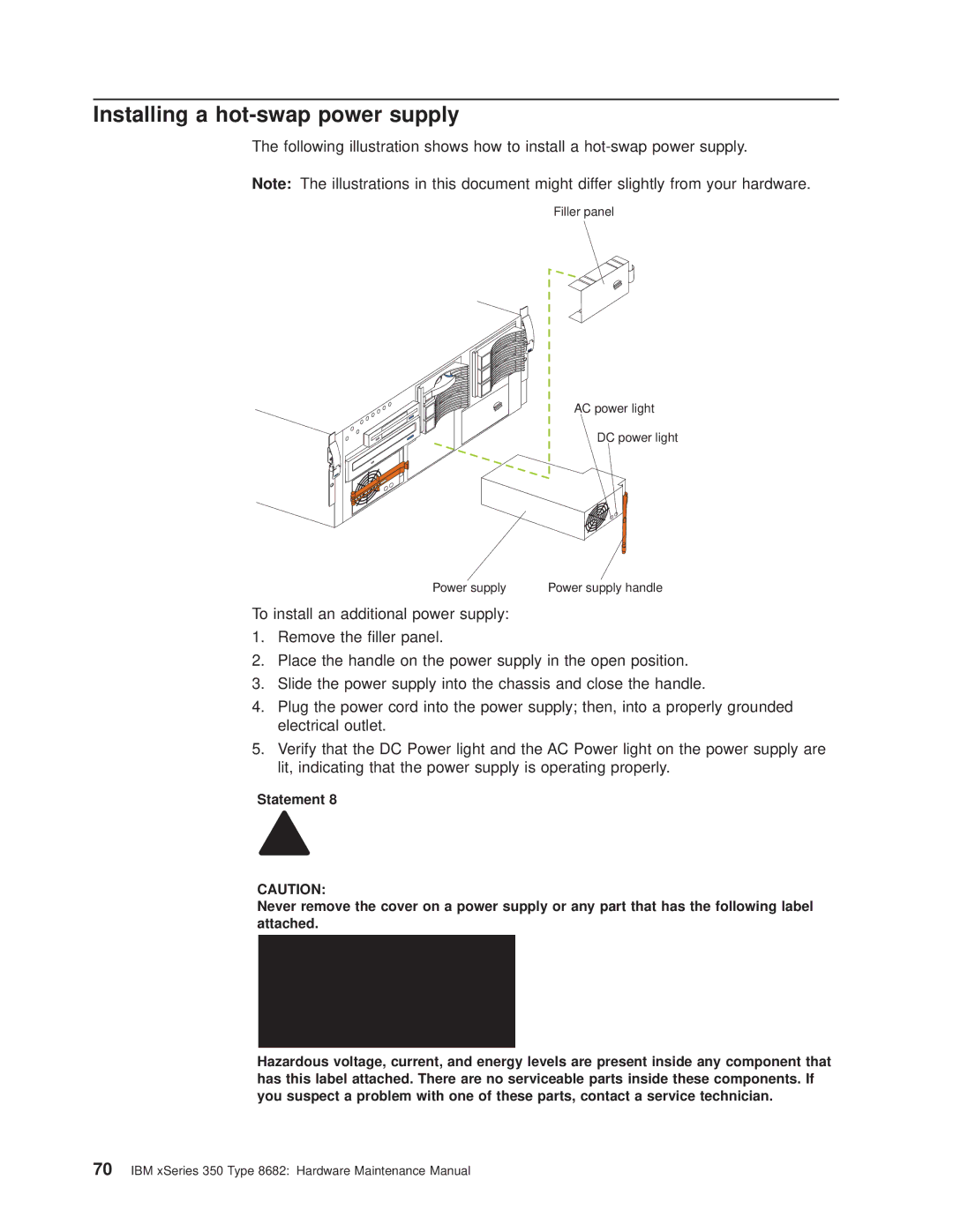 IBM 8682 manual Installing a hot-swap power supply 