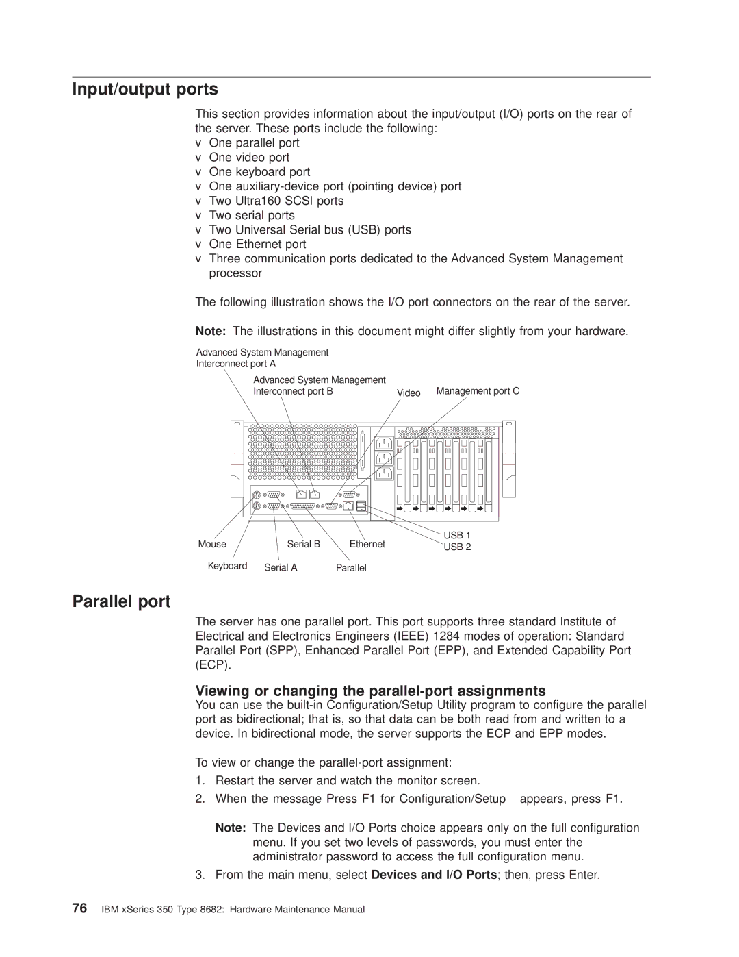 IBM 8682 manual Input/output ports, Parallel port, Viewing or changing the parallel-port assignments 