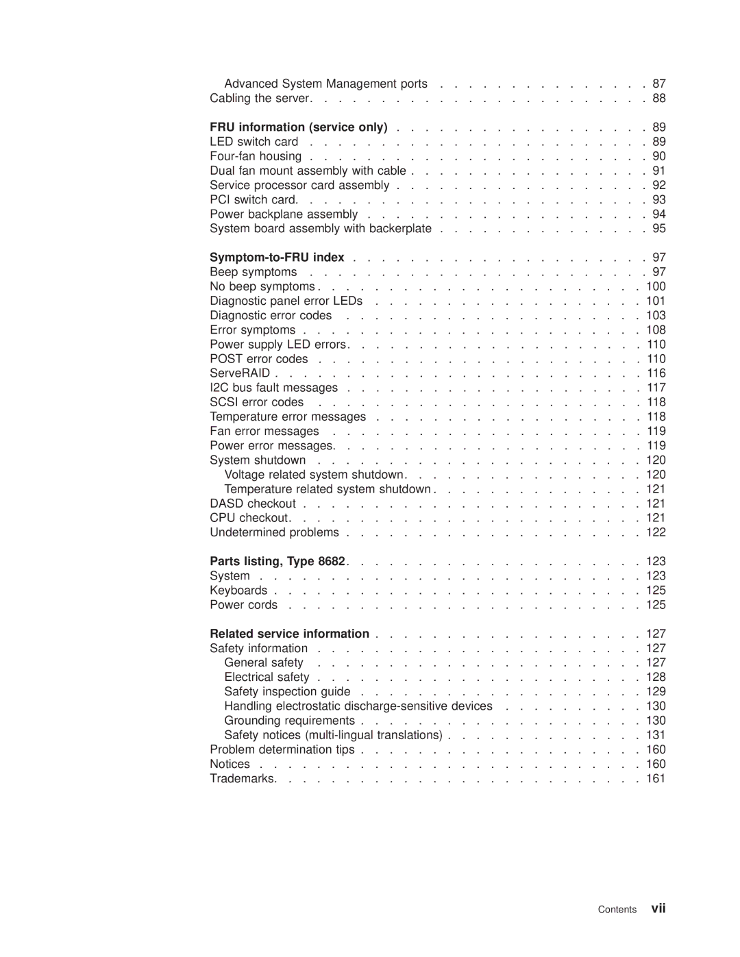 IBM 8682 manual FRU information service only, Symptom-to-FRU index, Parts listing, Type 