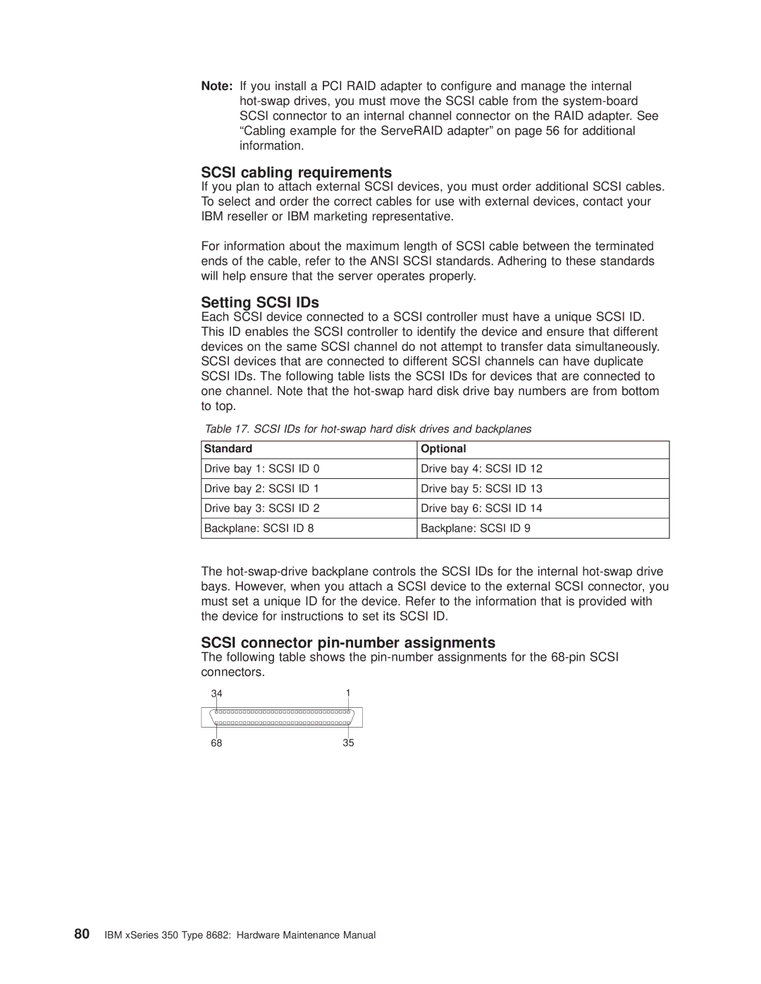 IBM 8682 manual Scsi cabling requirements, Setting Scsi IDs, Scsi connector pin-number assignments, Standard Optional 