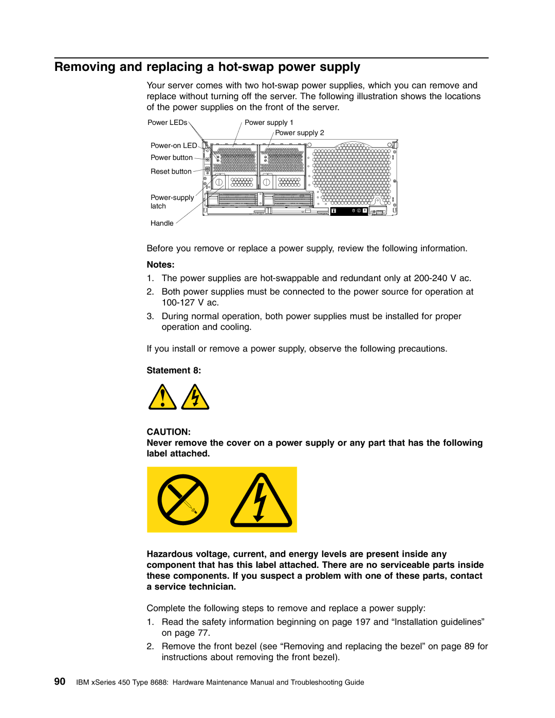 IBM 8688 manual Removing and replacing a hot-swap power supply 