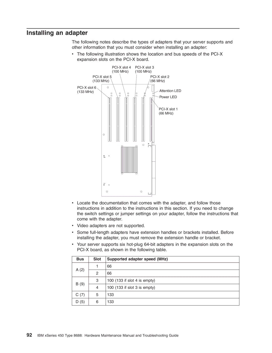 IBM 8688 manual Installing an adapter, Bus Slot Supported adapter speed MHz 