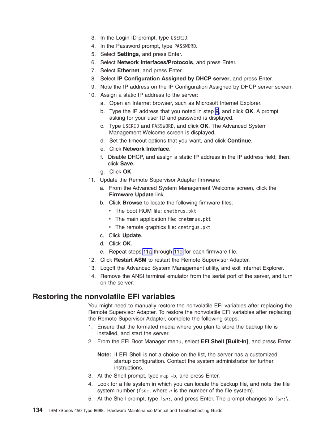 IBM 8688 manual Restoring the nonvolatile EFI variables, Select Network Interfaces/Protocols, and press Enter 