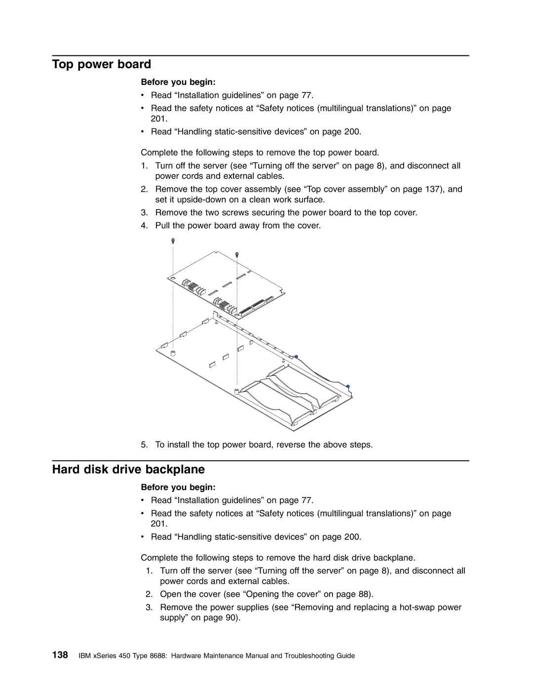 IBM 8688 manual Top power board, Hard disk drive backplane 