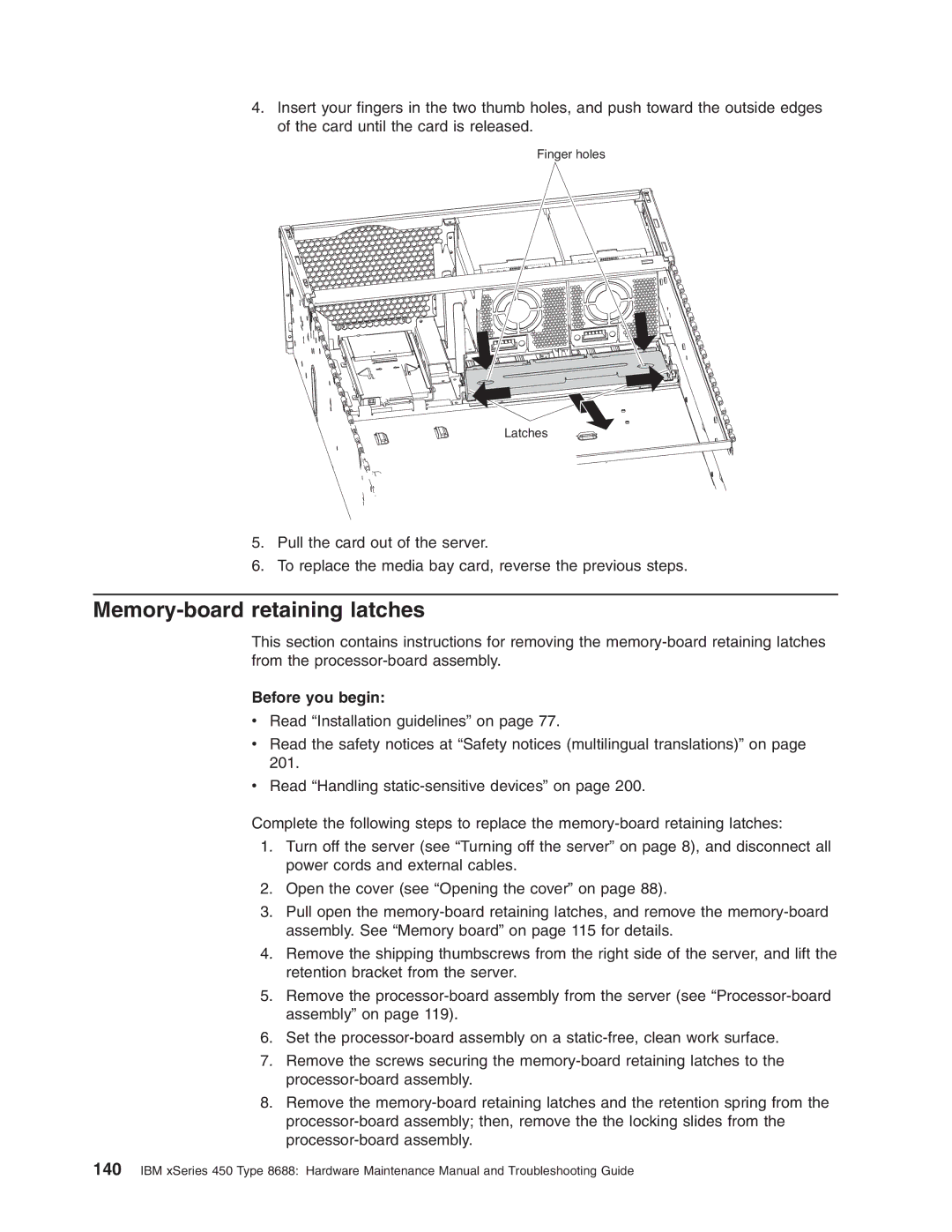 IBM 8688 manual Memory-board retaining latches 