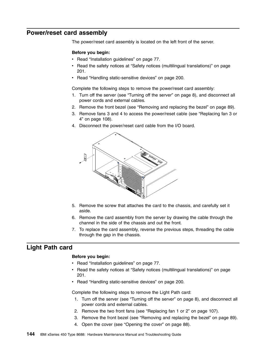 IBM 8688 manual Power/reset card assembly, Light Path card 