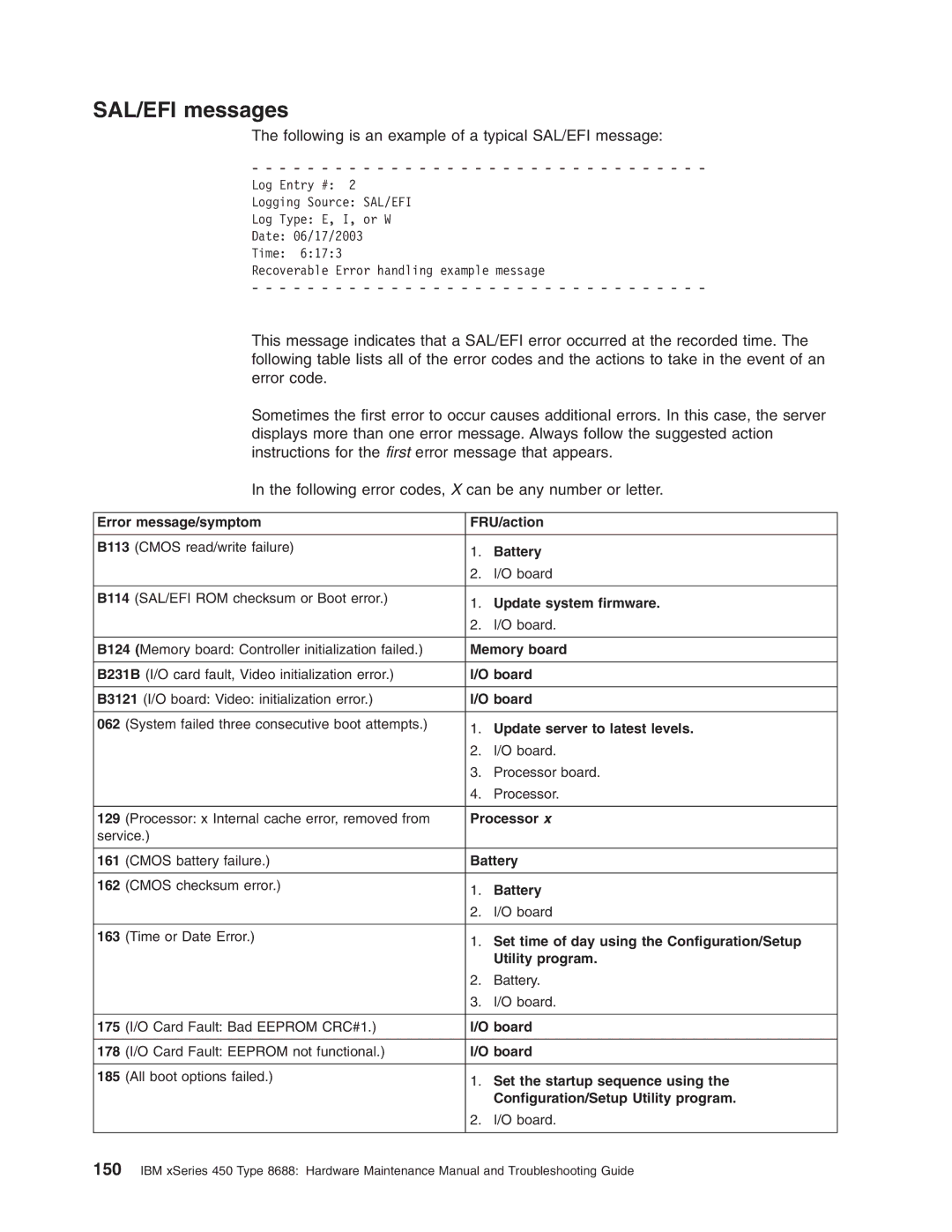 IBM 8688 manual SAL/EFI messages 