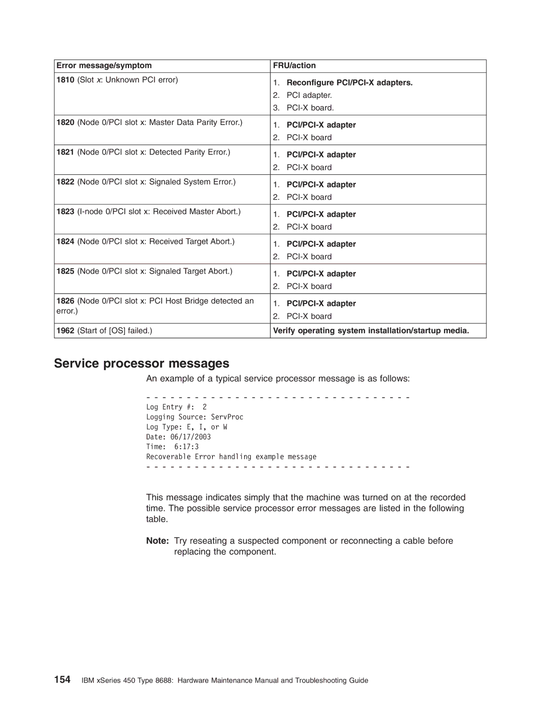 IBM 8688 manual Service processor messages 