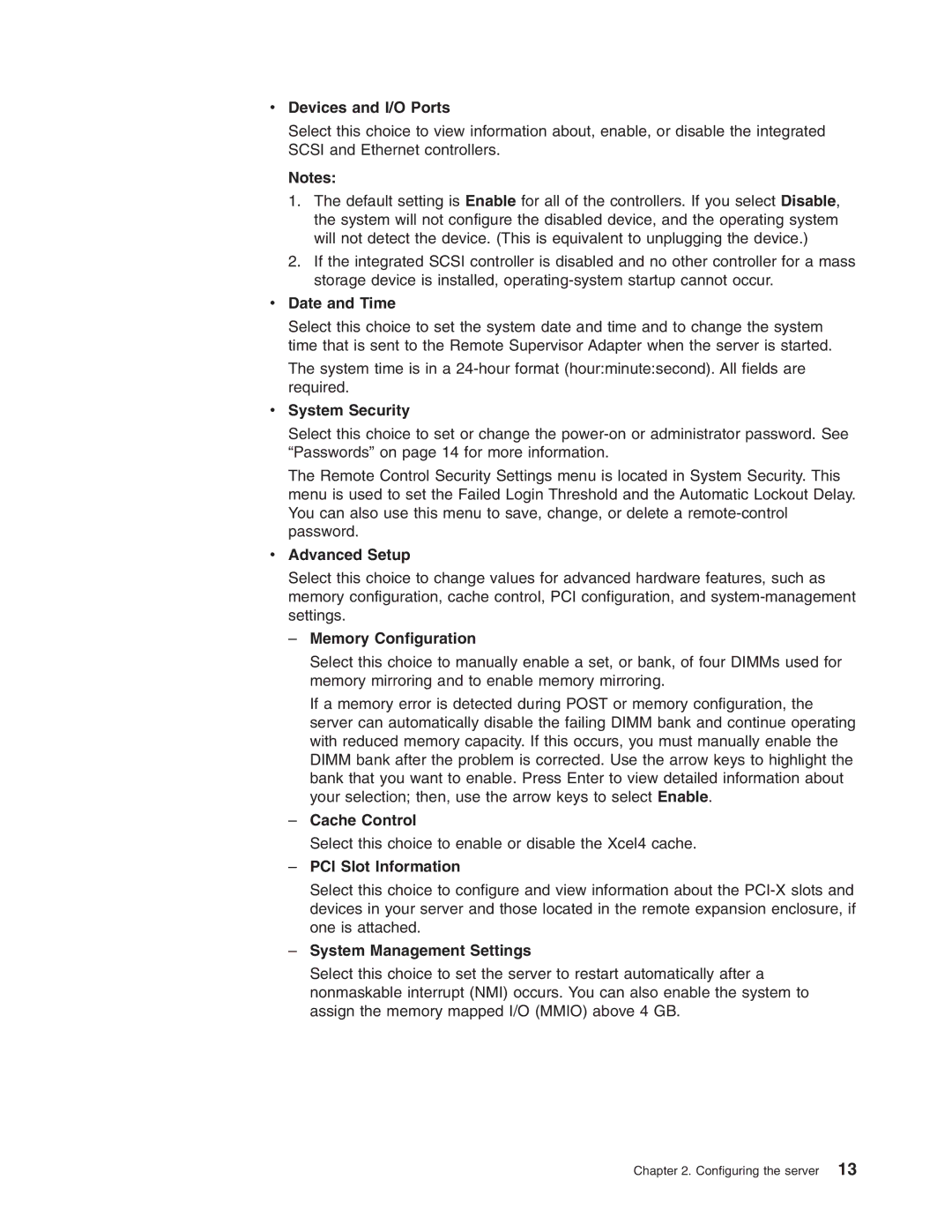 IBM 8688 manual Devices and I/O Ports, Date and Time, System Security, Advanced Setup, Memory Configuration, Cache Control 