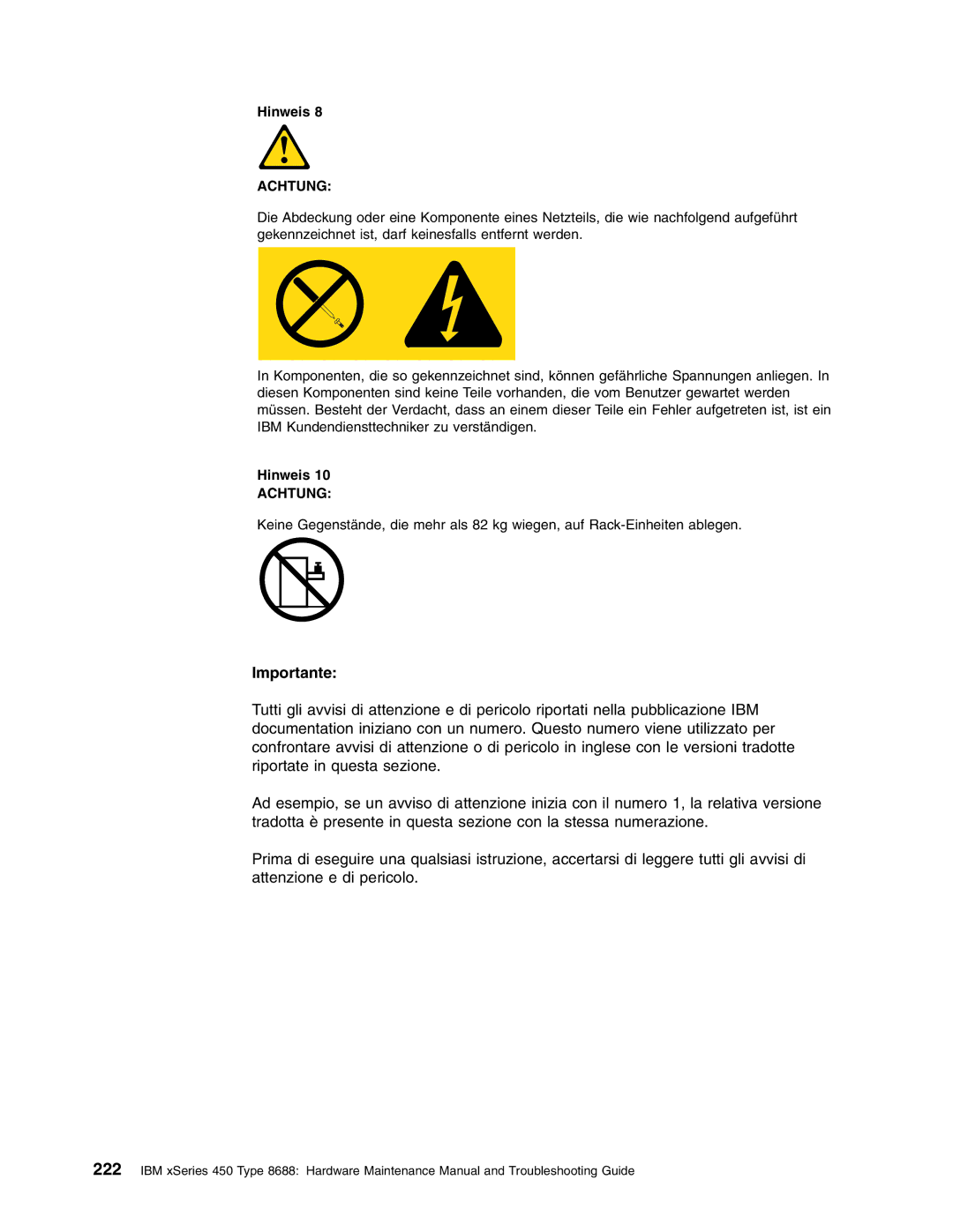 IBM 8688 manual Hinweis, Achtung 