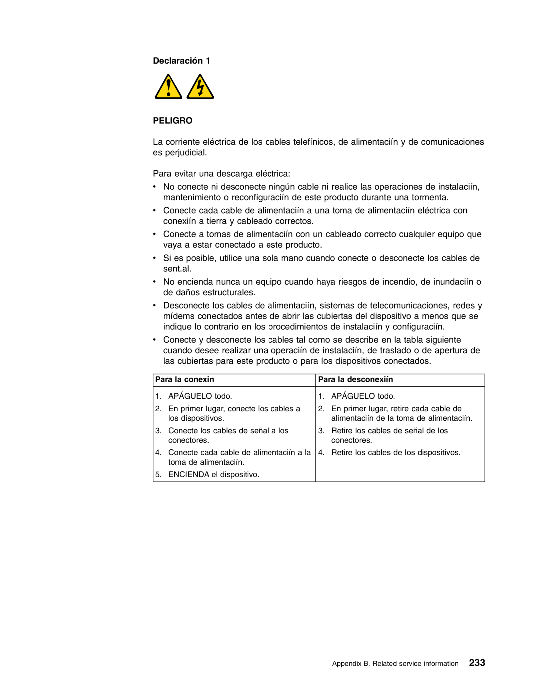 IBM 8688 manual Declaración, Para la conexin Para la desconexiín 