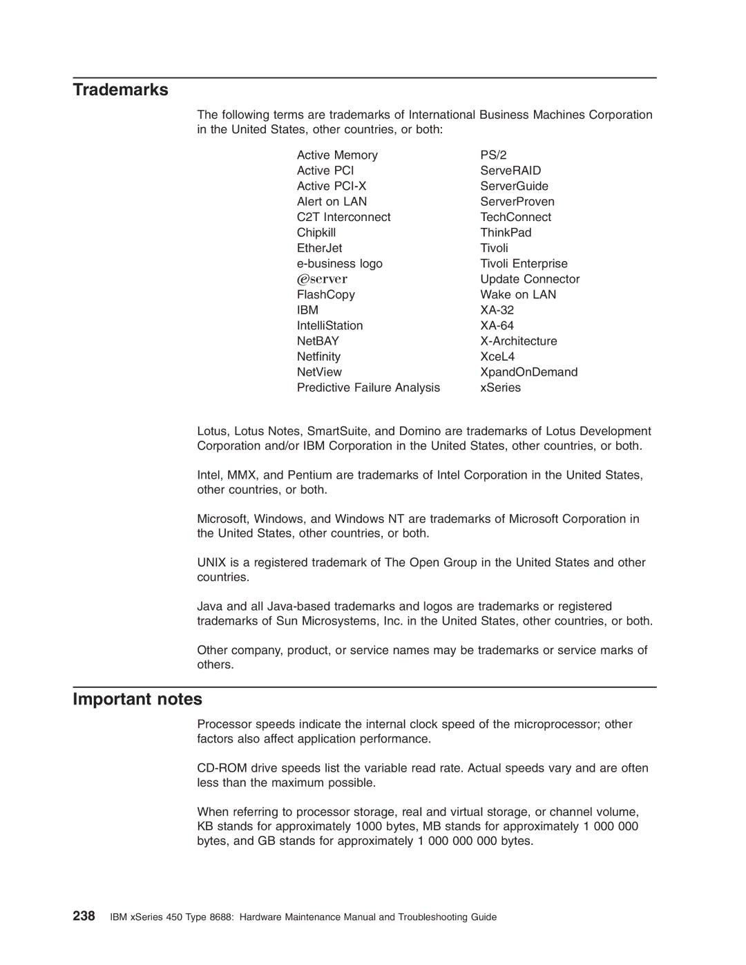 IBM 8688 manual Trademarks, Important notes 