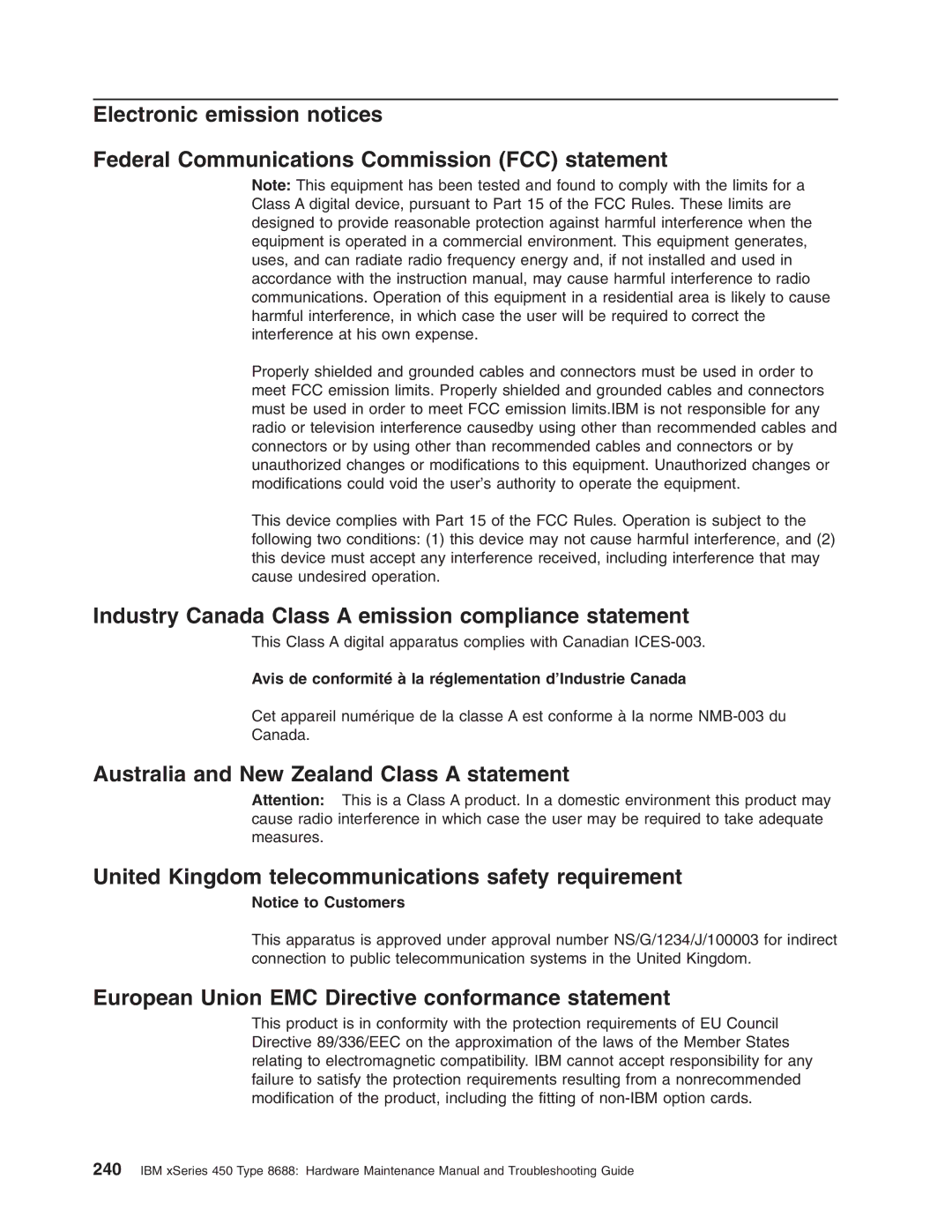 IBM 8688 manual Industry Canada Class a emission compliance statement, European Union EMC Directive conformance statement 