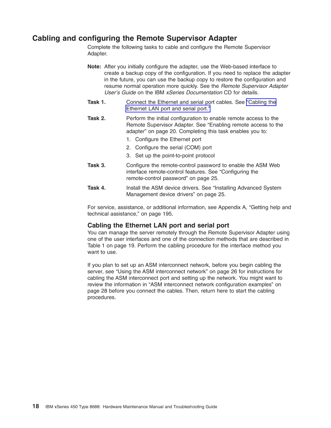 IBM 8688 manual Cabling and configuring the Remote Supervisor Adapter, Cabling the Ethernet LAN port and serial port 