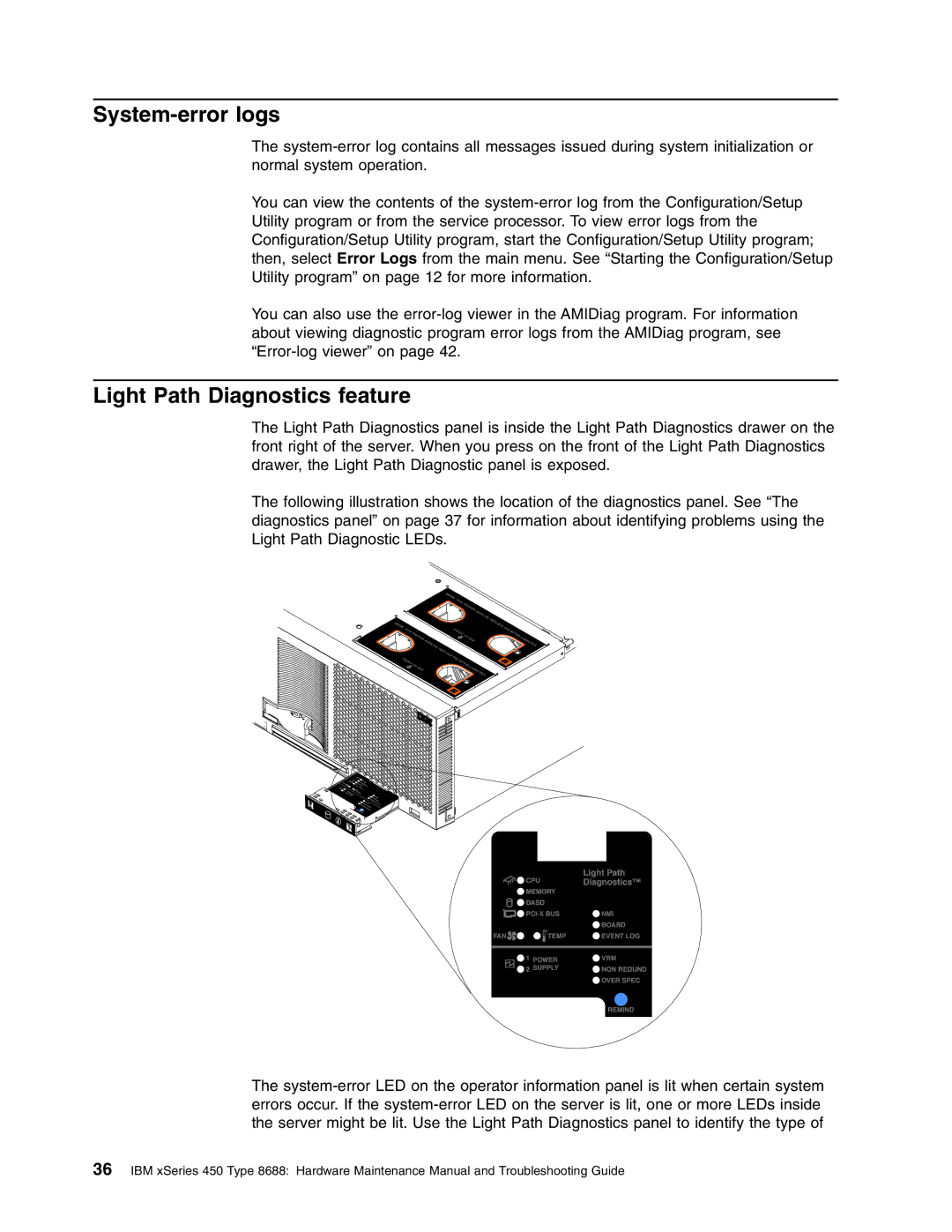 IBM 8688 manual System-error logs, Light Path Diagnostics feature 