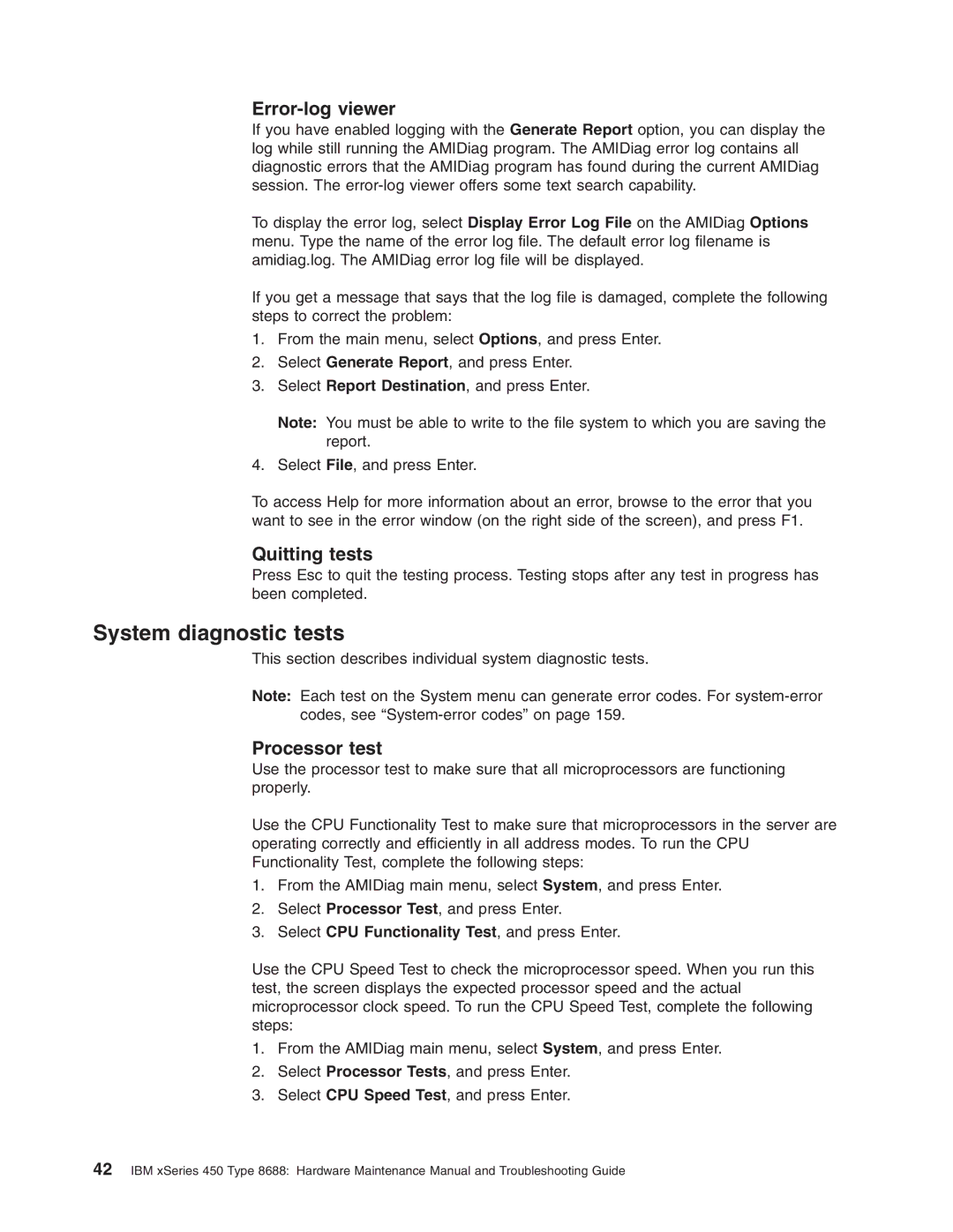 IBM 8688 manual System diagnostic tests, Error-log viewer, Quitting tests, Processor test 