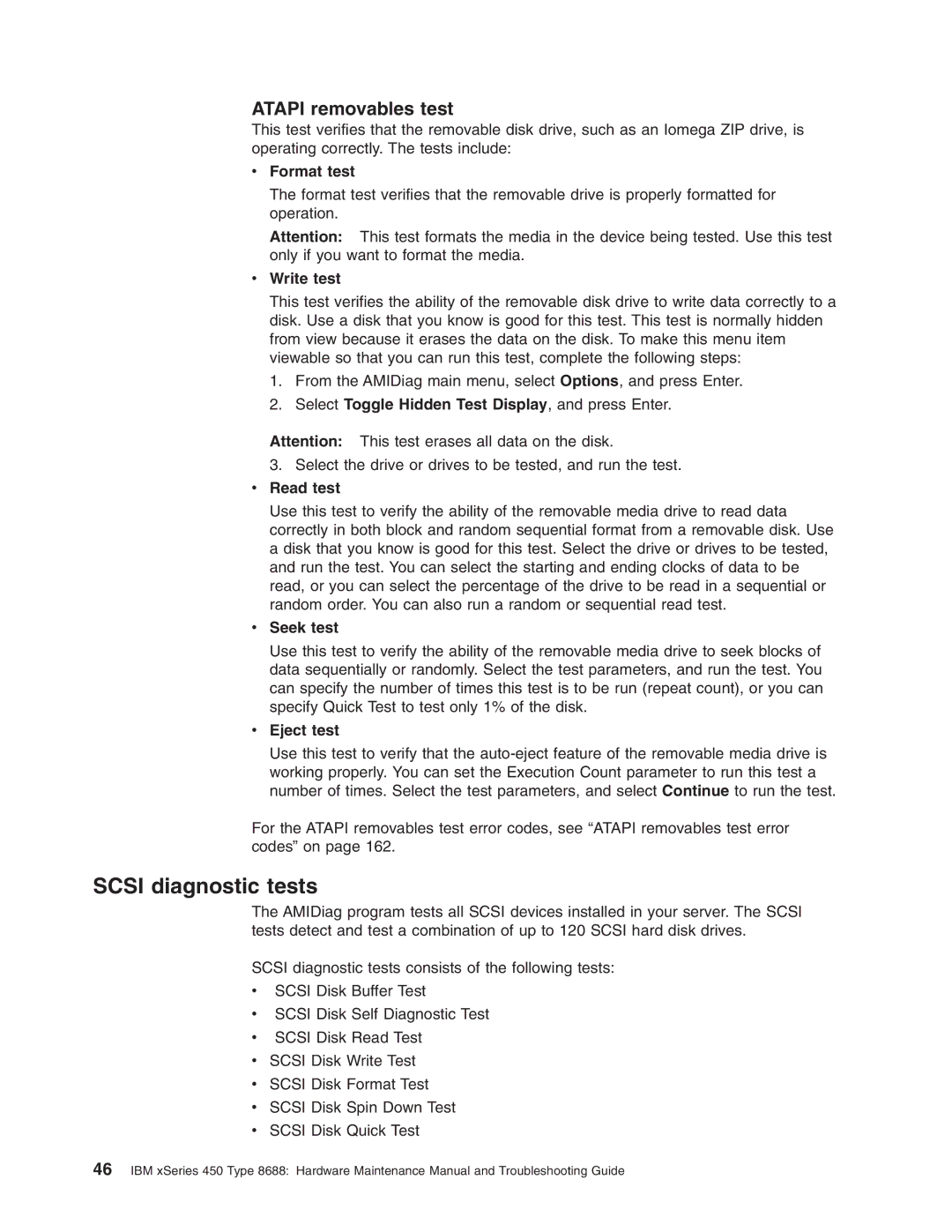 IBM 8688 manual Scsi diagnostic tests, Atapi removables test 