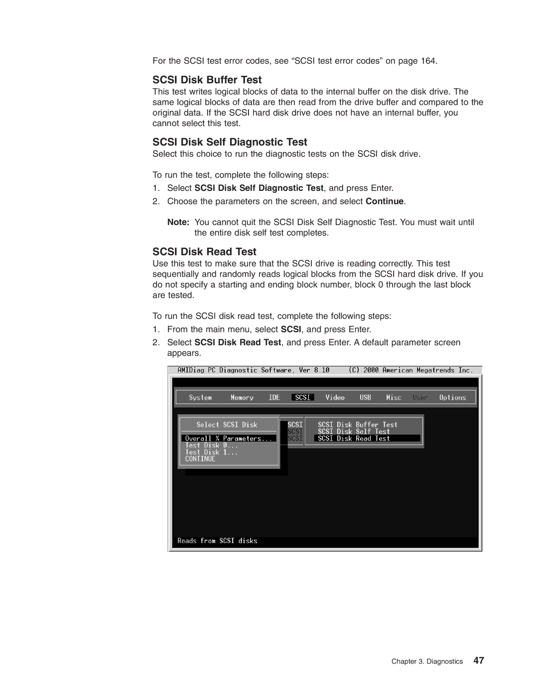 IBM 8688 manual Scsi Disk Buffer Test, Scsi Disk Self Diagnostic Test, Scsi Disk Read Test 