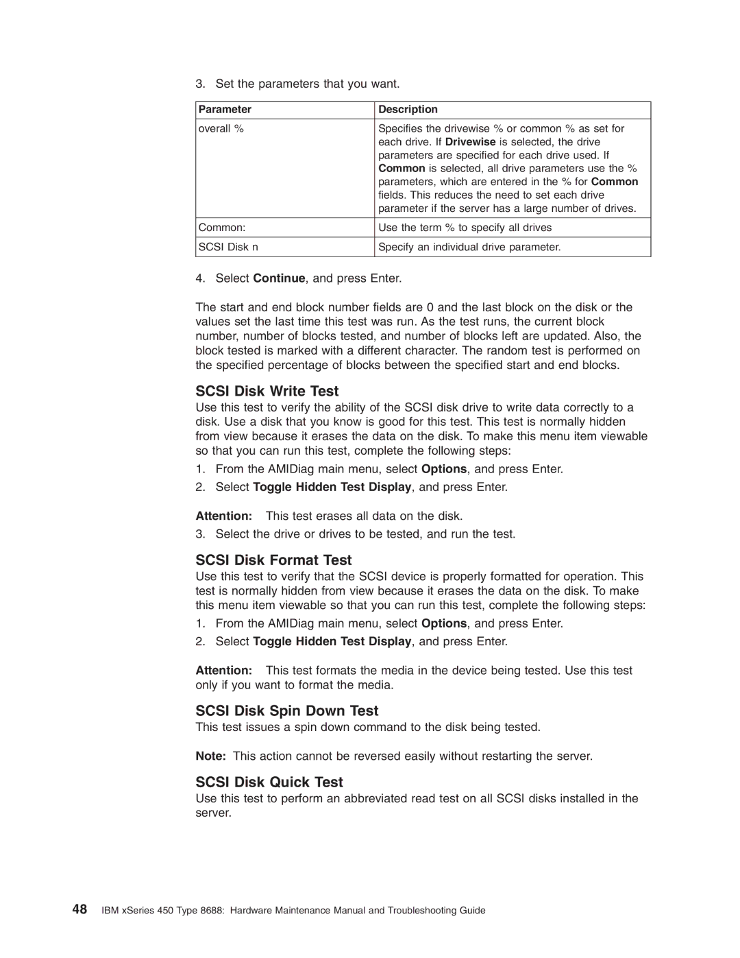 IBM 8688 manual Scsi Disk Write Test, Scsi Disk Format Test, Scsi Disk Spin Down Test, Scsi Disk Quick Test 