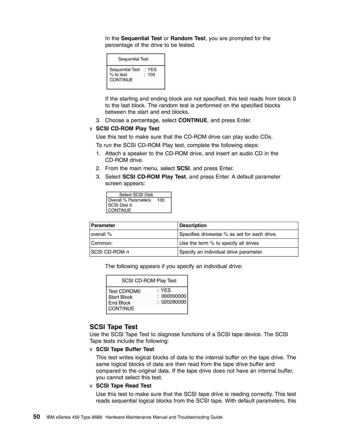 IBM 8688 manual Scsi Tape Test, Scsi Tape Buffer Test, Scsi Tape Read Test 