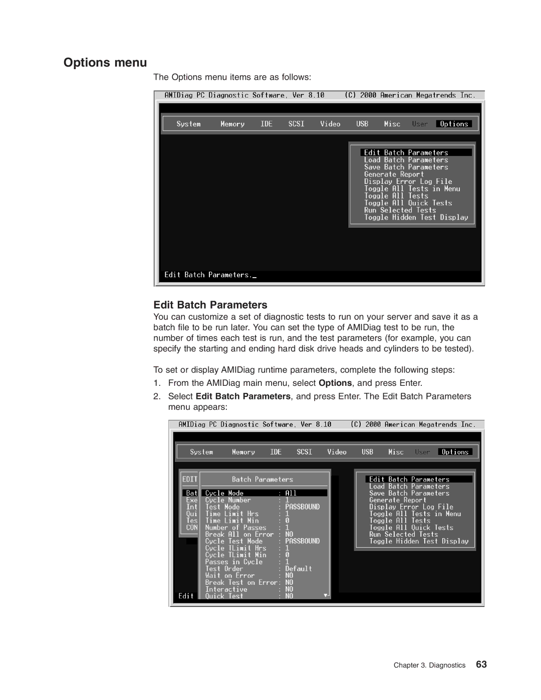 IBM 8688 manual Options menu, Edit Batch Parameters 