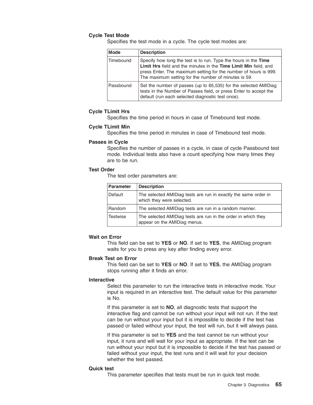 IBM 8688 Cycle Test Mode, Cycle TLimit Hrs, Cycle TLimit Min, Passes in Cycle, Test Order, Wait on Error, Interactive 