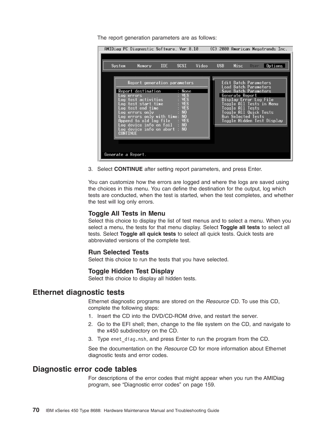 IBM 8688 manual Ethernet diagnostic tests, Diagnostic error code tables, Toggle All Tests in Menu, Run Selected Tests 